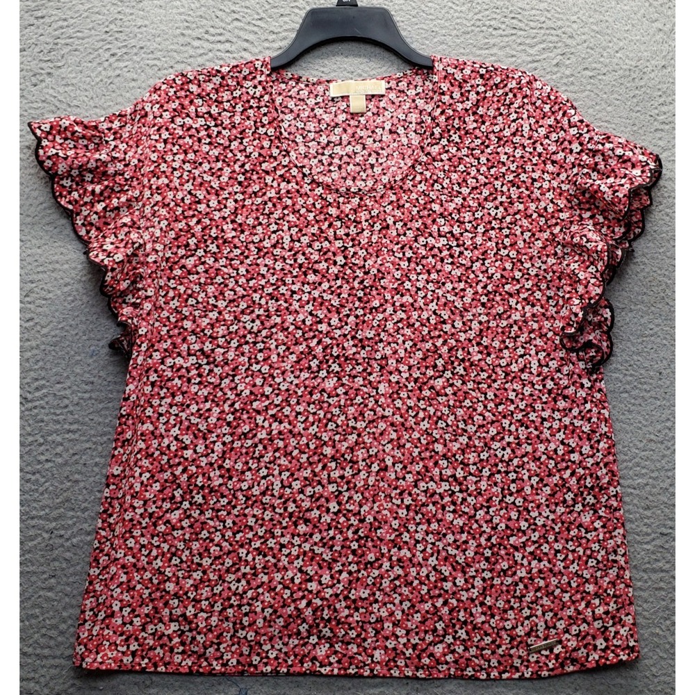 Michael Kors Blouse Top Womens Large Multi Ditsy Floral Ruffle Flutter Sleeve